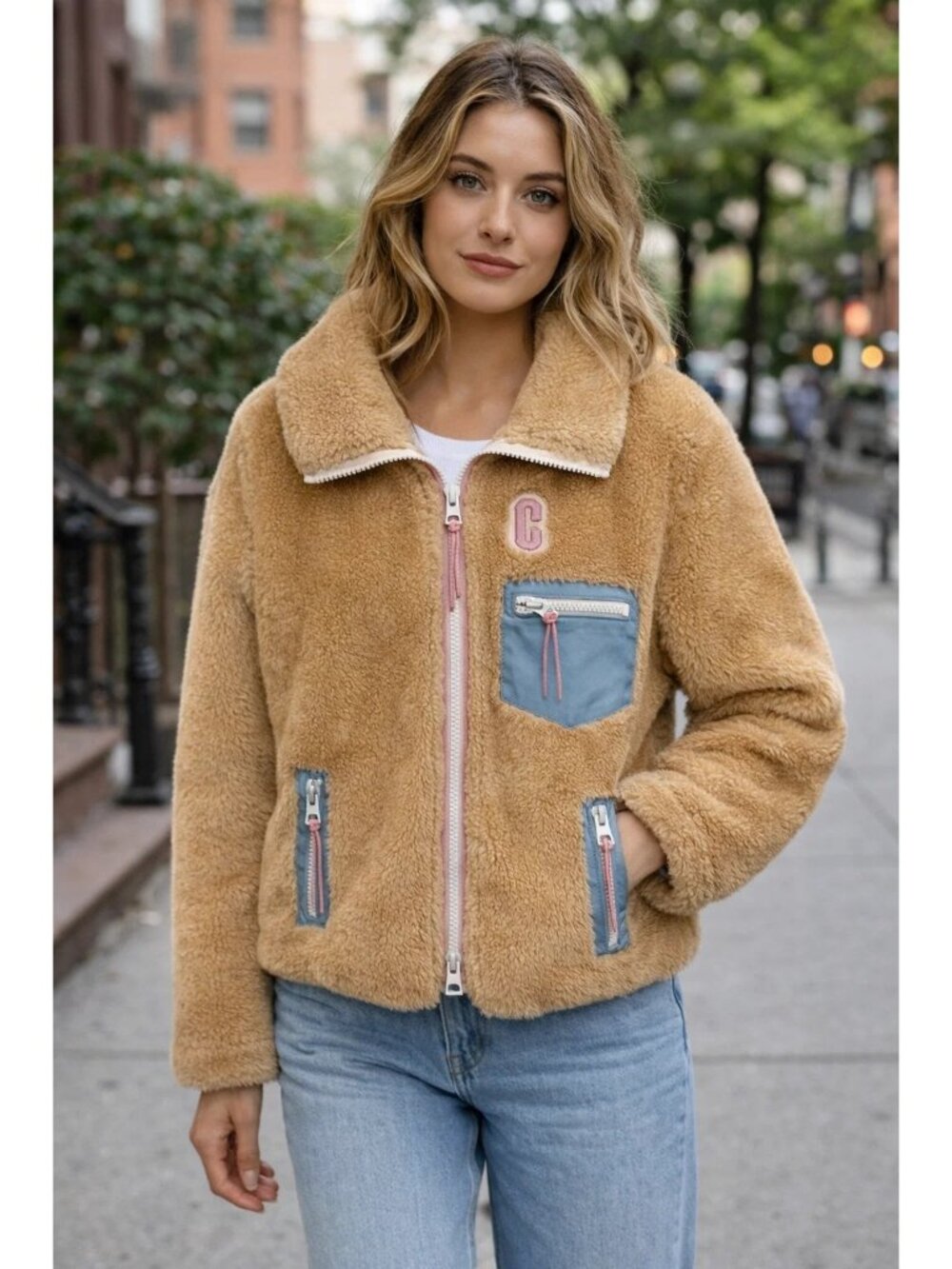 COACH Sherpa Zip-Up Jacket size XS Cream Excellent Condition!